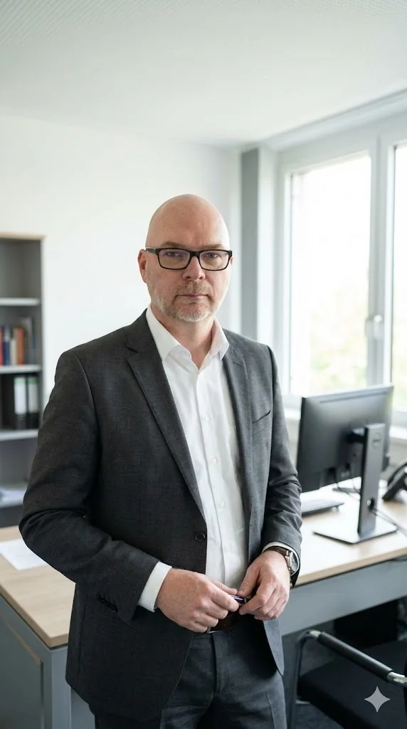 Stefan Budde-Siegel im schwarzen Sakko mit Unterlagen in einem hellen Büro